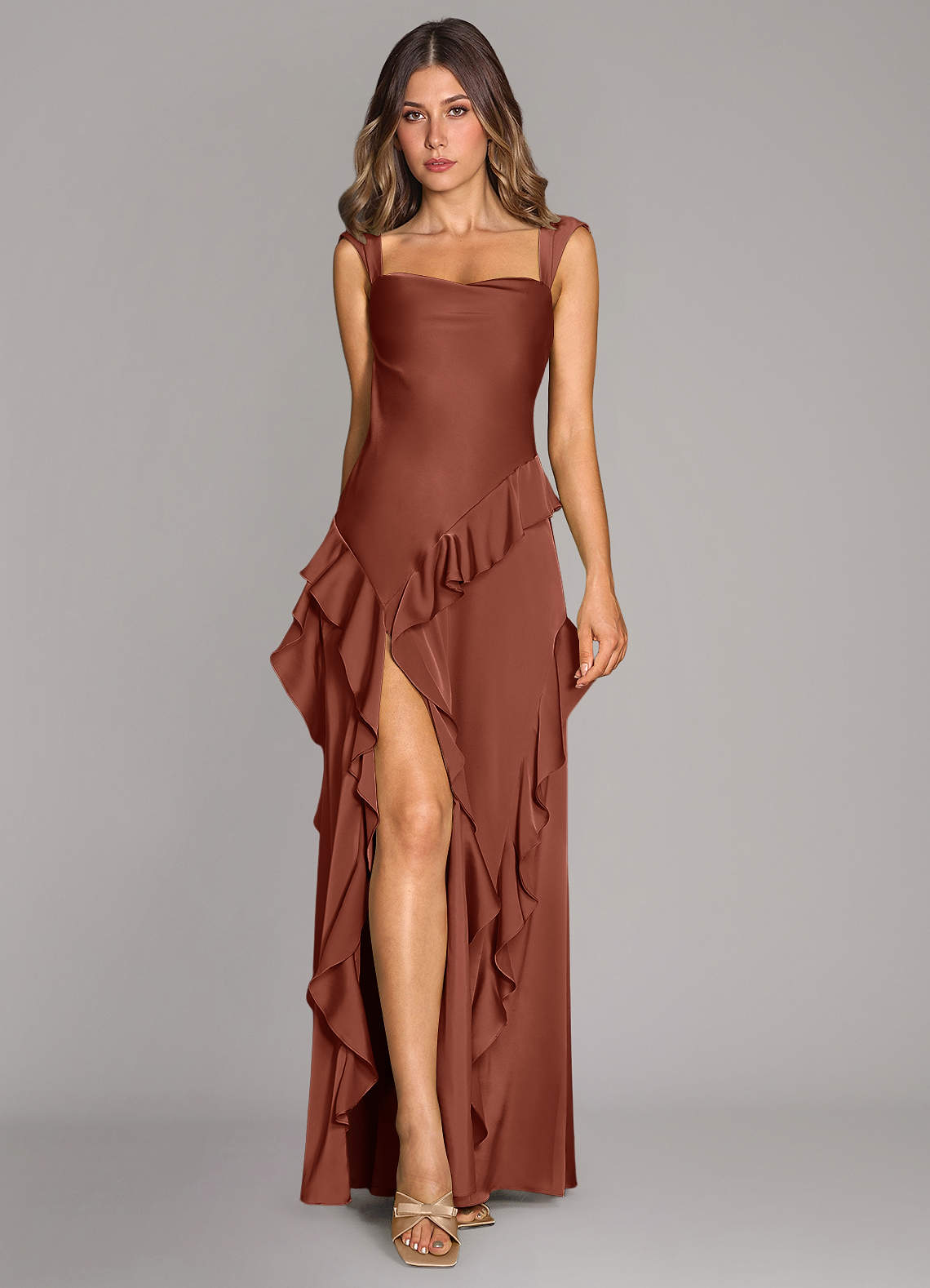 Azazie Sloane Brautjungfernkleider A-Linie Herzausschnitt Stretch-Satin Kleid Rotbraun image1