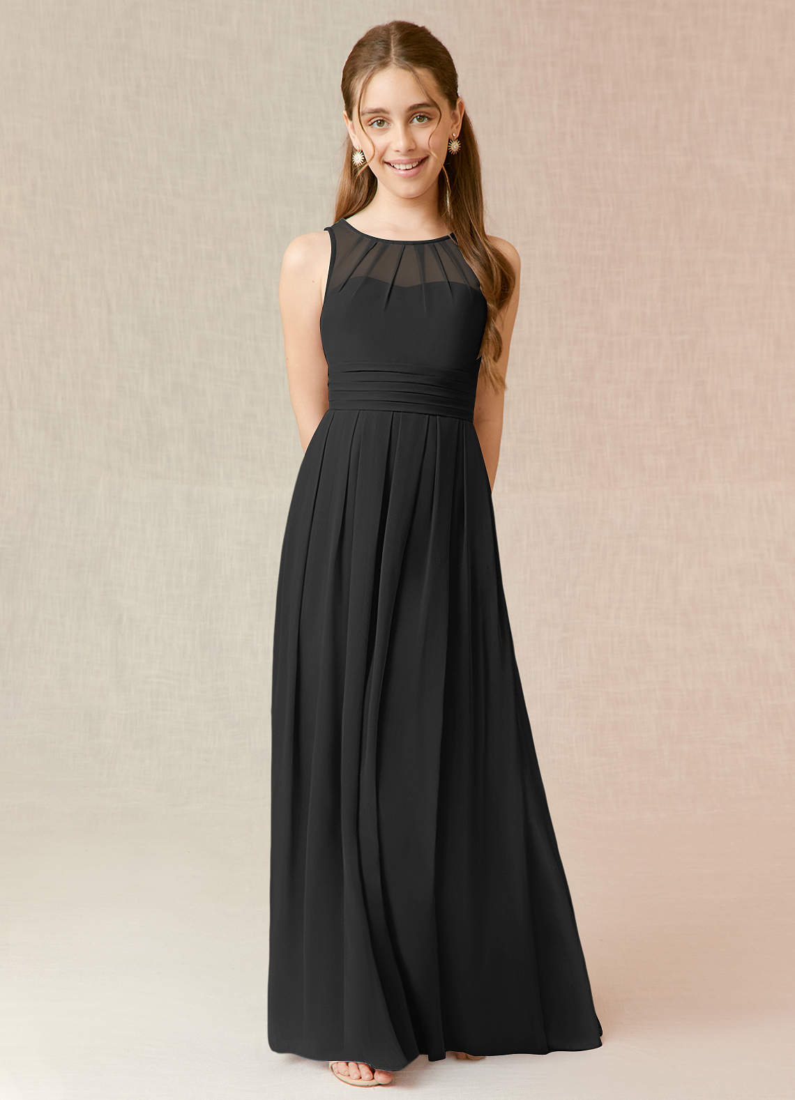Azazie Bibiane Junior Black A-Line Pleated Chiffon Dress image1