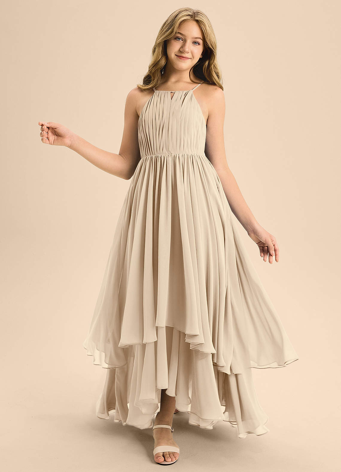 Azazie Elliora Junior Champagne A-Line Pleated Chiffon Dress image1