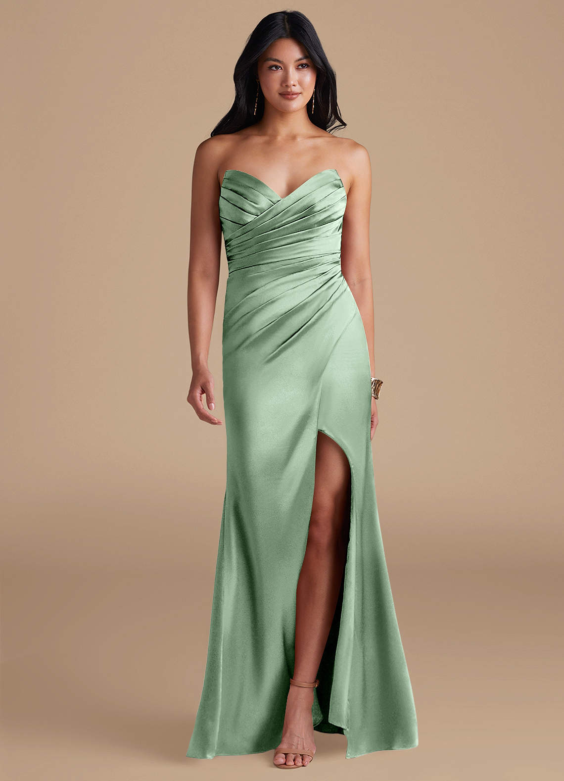 Azazie Yola Bridesmaid Dresses Matcha Sheath Pleated Metallic Satin Dress image1