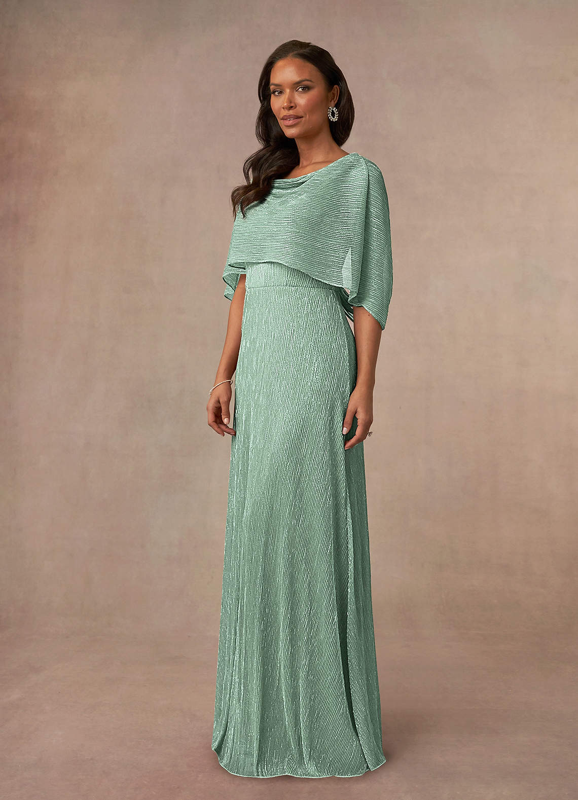 Azazie Loretta At-home Try On Dresses Aquamarine A-Line Cowl Cape Metallic Mesh Dress image2