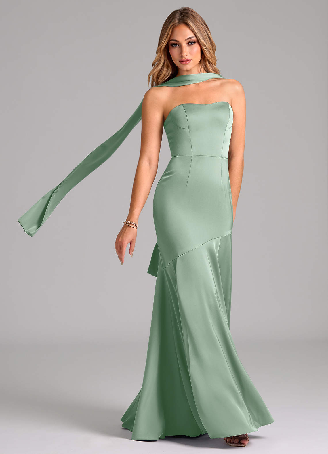 Azazie Shiloh Bridesmaid Dresses Agave Mermaid Strapless Stretch Satin Convertible Dress image1