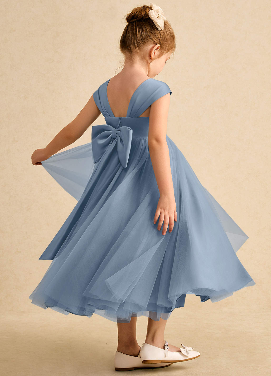 Azazie Chickadee Flower Girl Dresses Dusty Blue Ball-Gown Sweetheart Neckline Matte Satin Dress image1