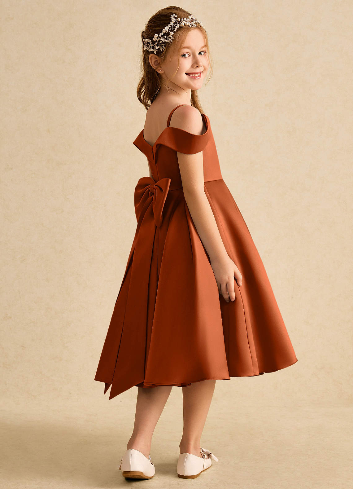 Azazie Favia Flower Girl Dresses Burnt Orange A-Line Off the Shoulder Matte Satin Dress image2
