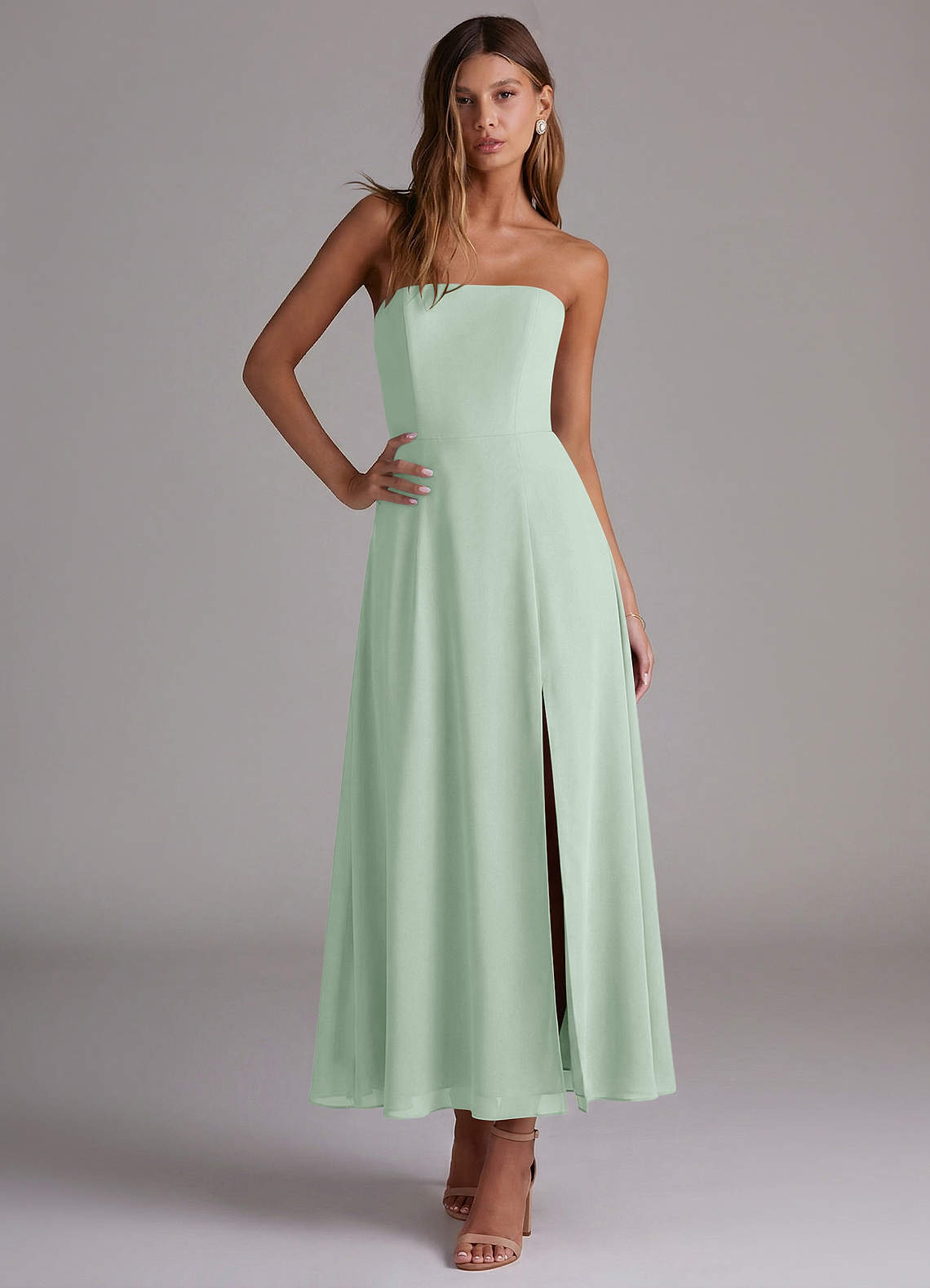 Azazie Wren Vestidos de madrinha de casamento Vestido Agave de Chiffon de Linha A com Sem alças image4