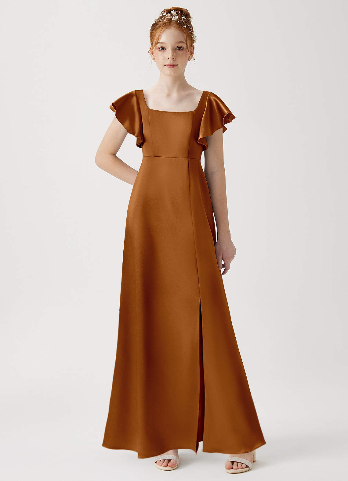 Azazie Bondi Junior Copper A-Line Side Slit Metallic Satin Dress image1