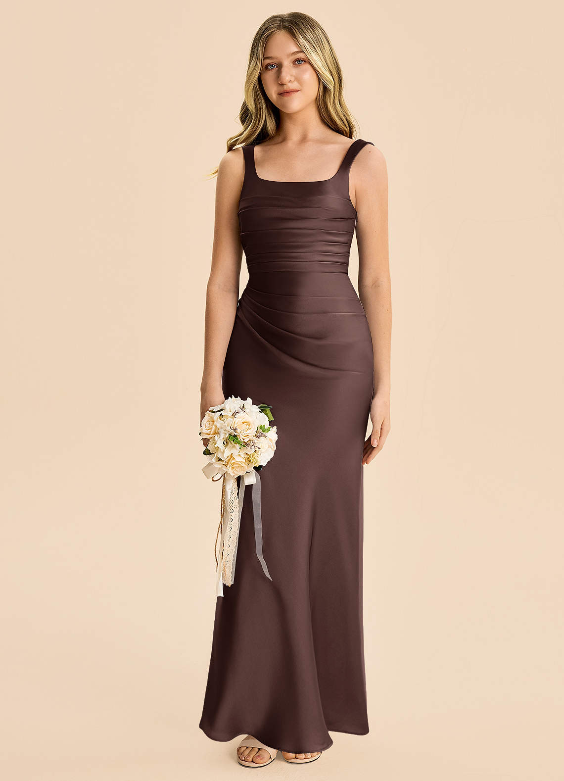 Azazie Agustina Junior Ganache Sheath Pleated Stretch Satin Dress image3