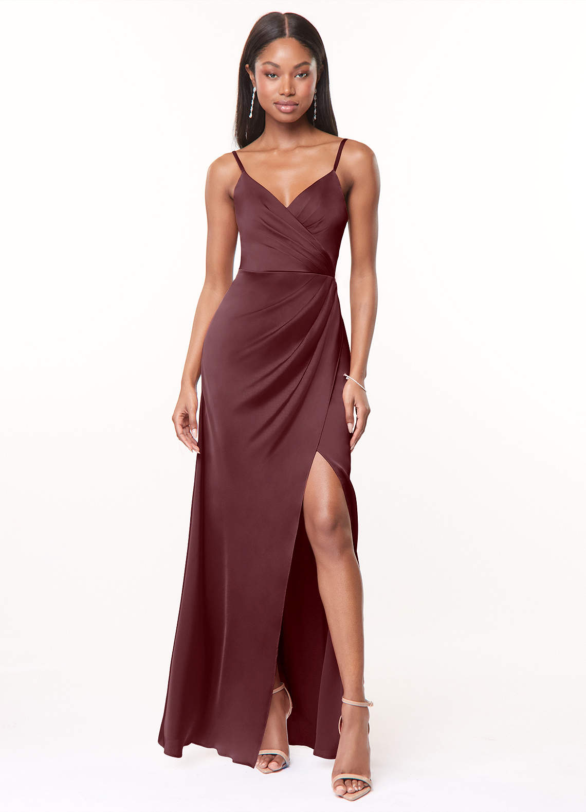 Azazie Maci Bridesmaid Dresses Sangria A-Line V-Neck Pleated Stretch Satin Dress image1