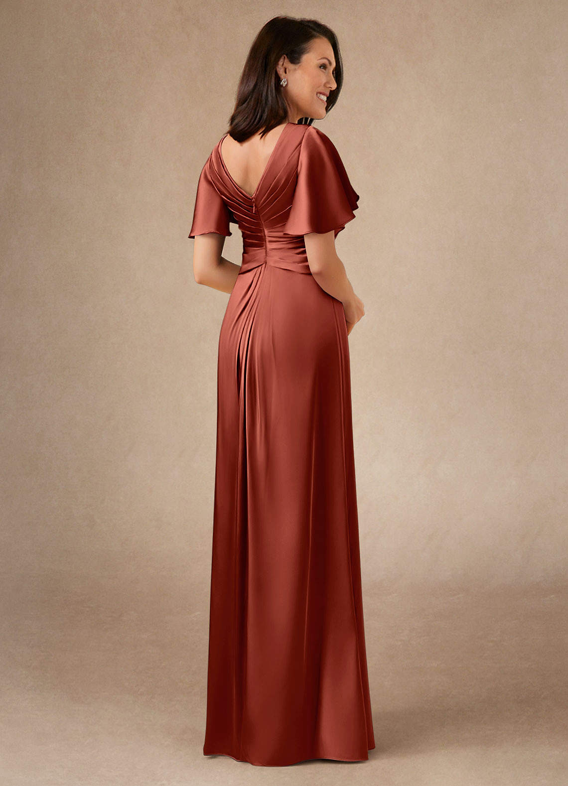 Azazie Emmeline Mère de la mariée Robes Robe Trapèze en Satin extensible Plissée Terracotta image1