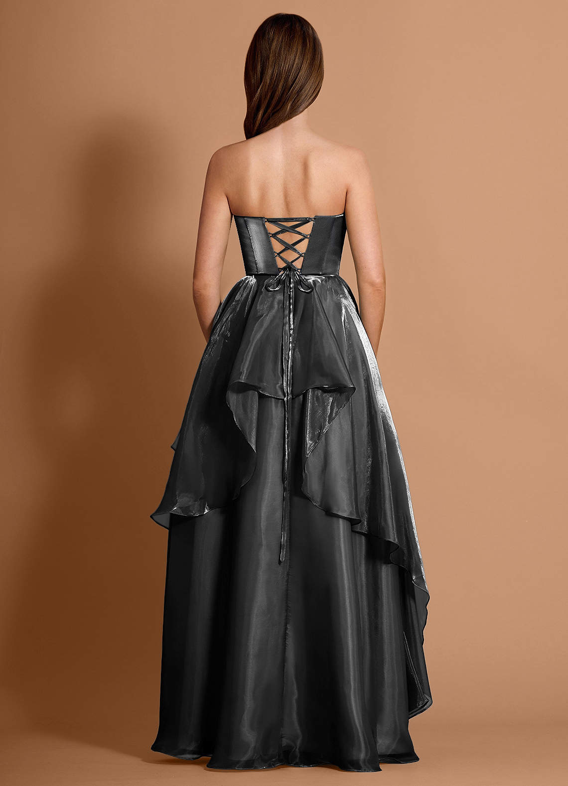 Dahlia Black Satin Faced Chiffon Ruffled A-line Prom Dress