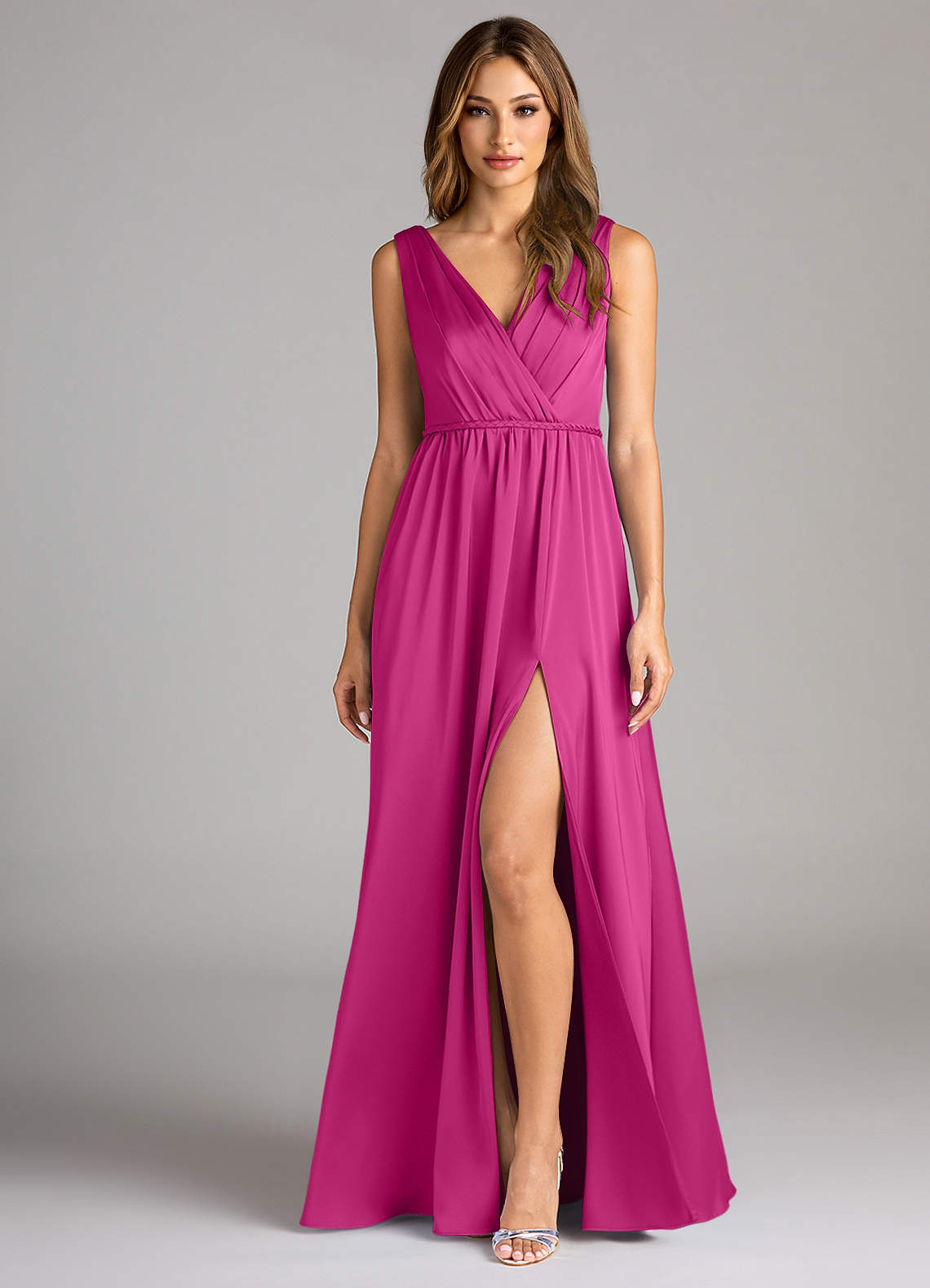 Azazie Tanicia Vestidos de damas de honor Vestido de Fucsia de Satén Elástico de Corte en A con Plisado image1