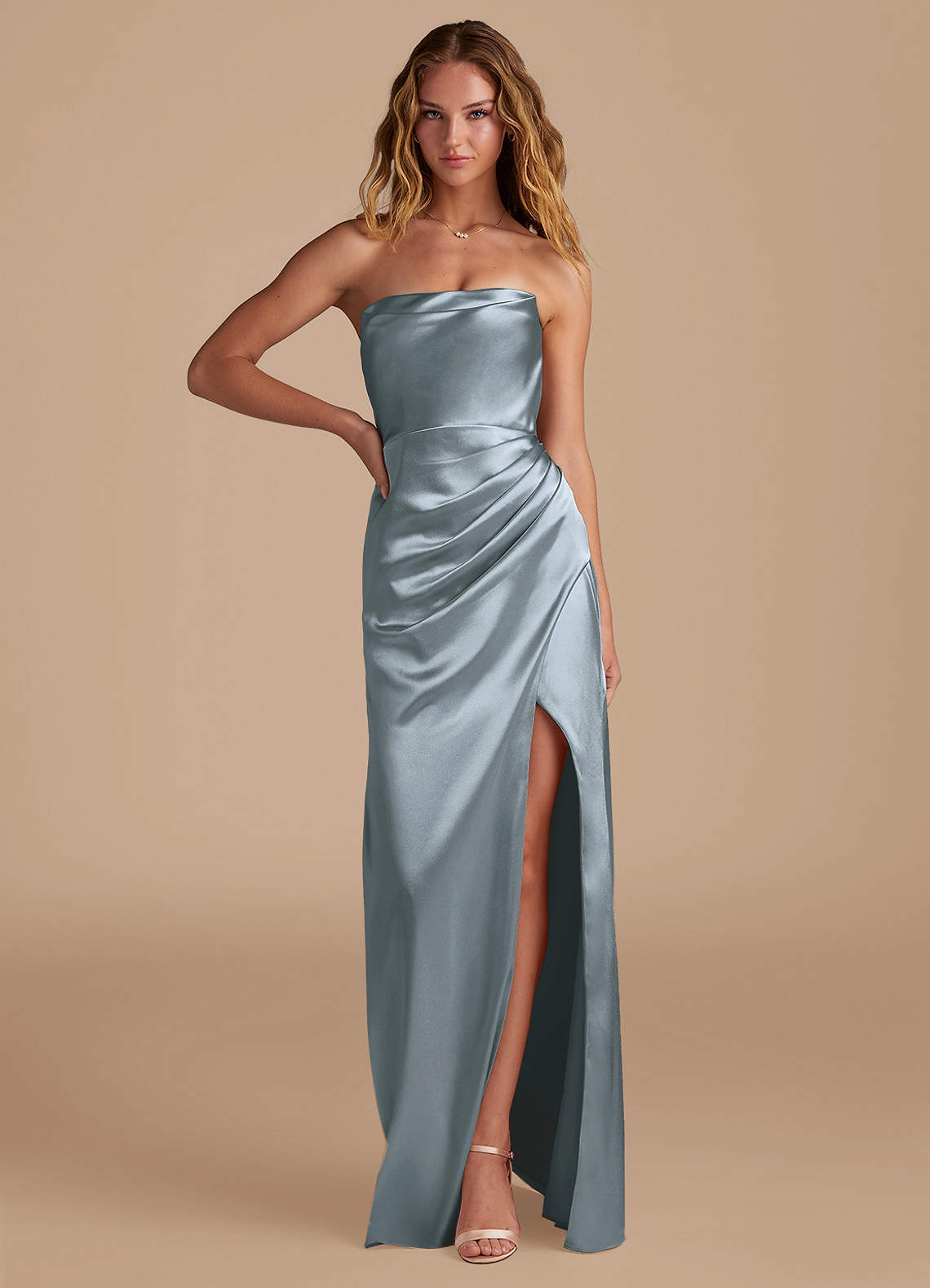 Azazie Leonis Bridesmaid Dresses Dusty Blue Mermaid Pleated Metallic Satin Convertible Dress image1
