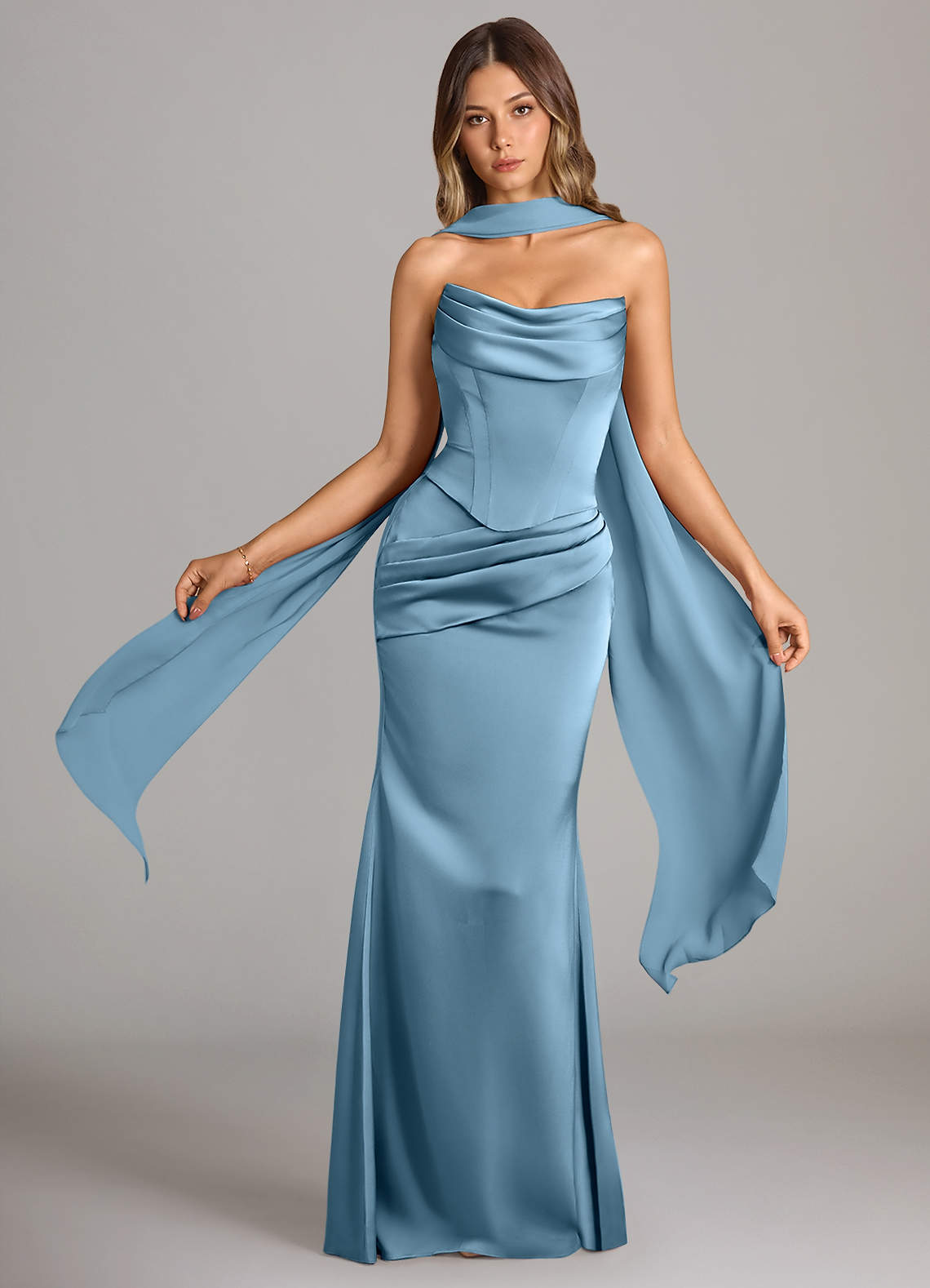 bridesmaid dresses silver blue Dusty Blue Bridesmaid Dress Shiny Satin Size Medium