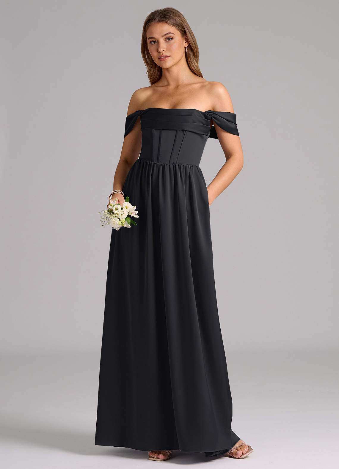Azazie A-Line Square Neck Floor-Length Stretch Satin Bridesmaid Dresses Black