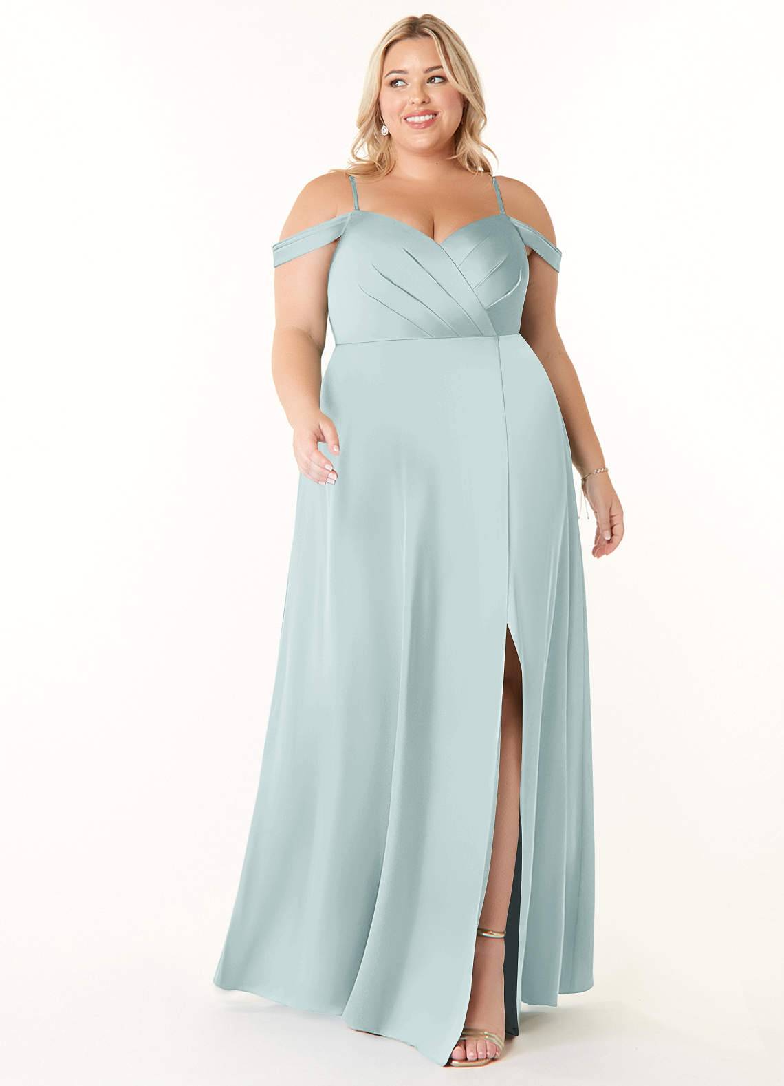 Azazie Ocean Brautjungfernkleider A-Linie V-Hals Gefaltet Stretch-Satin Kleid Nebel image1