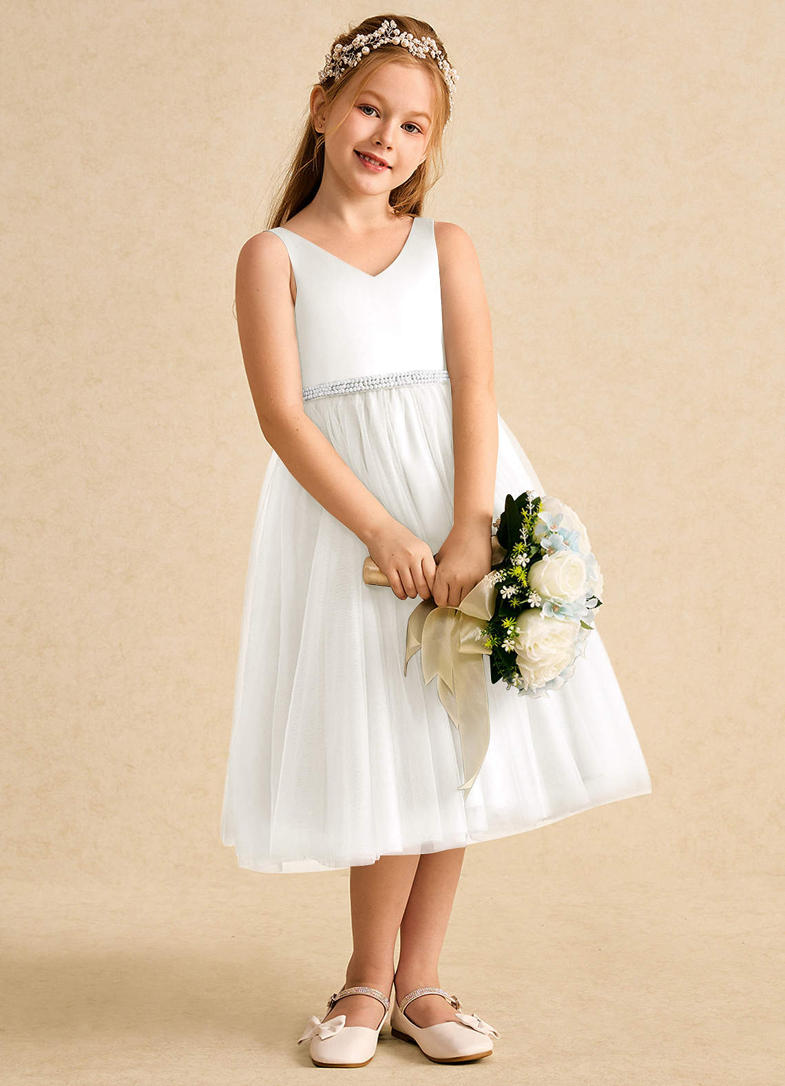 Azazie Firefly Flower Girl Dresses Ivory A-Line Bow Matte Satin Dress image1