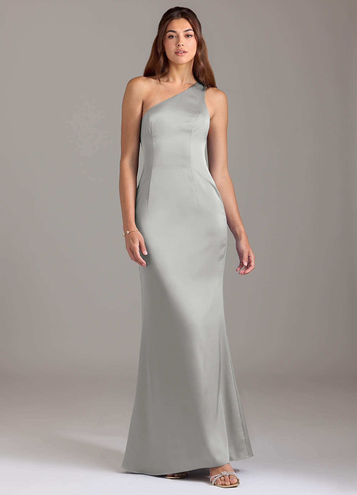 Azazie Arleth Bridesmaid Dresses Silver A-Line One Shoulder Stretch Satin Dress image1