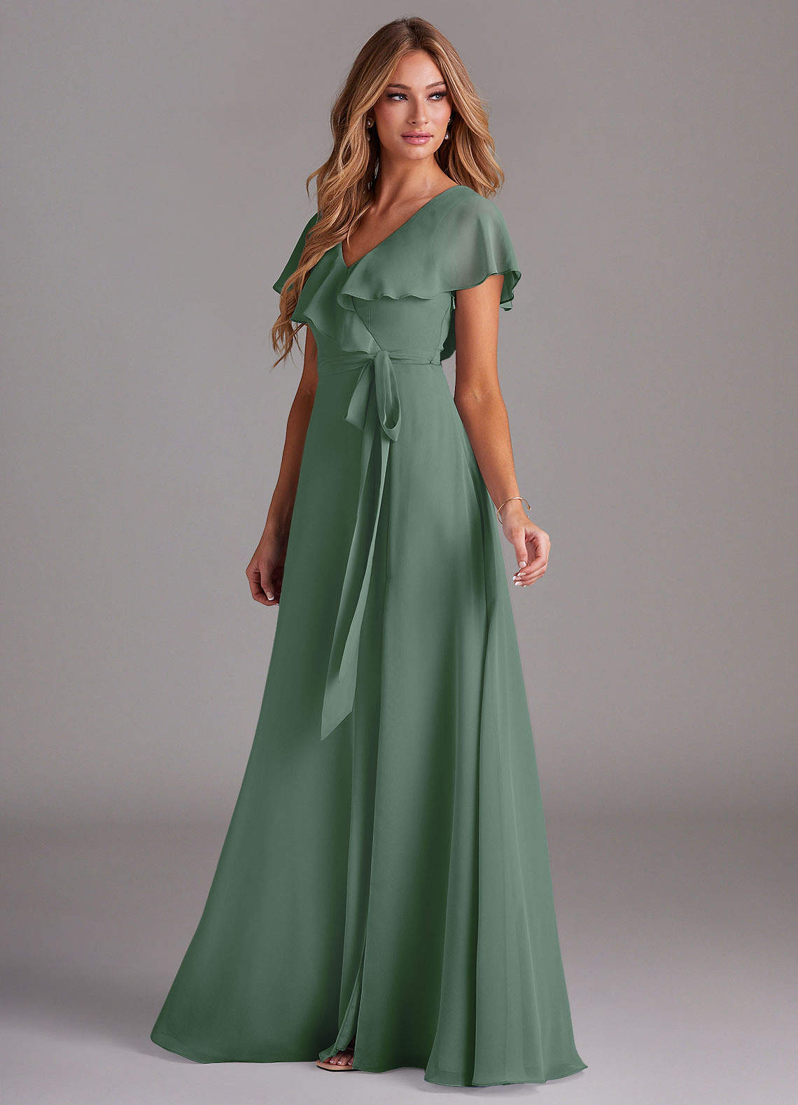 Azazie Lainey Bridesmaid Dresses Eucalyptus A-Line with Pockets Chiffon Dress image4