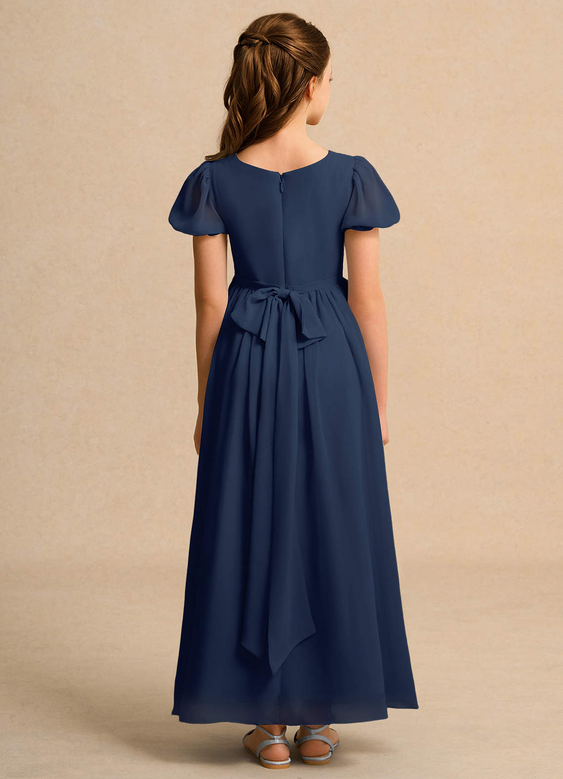 Azazie Joss Dark Navy A-Line with Sleeves Chiffon Dress