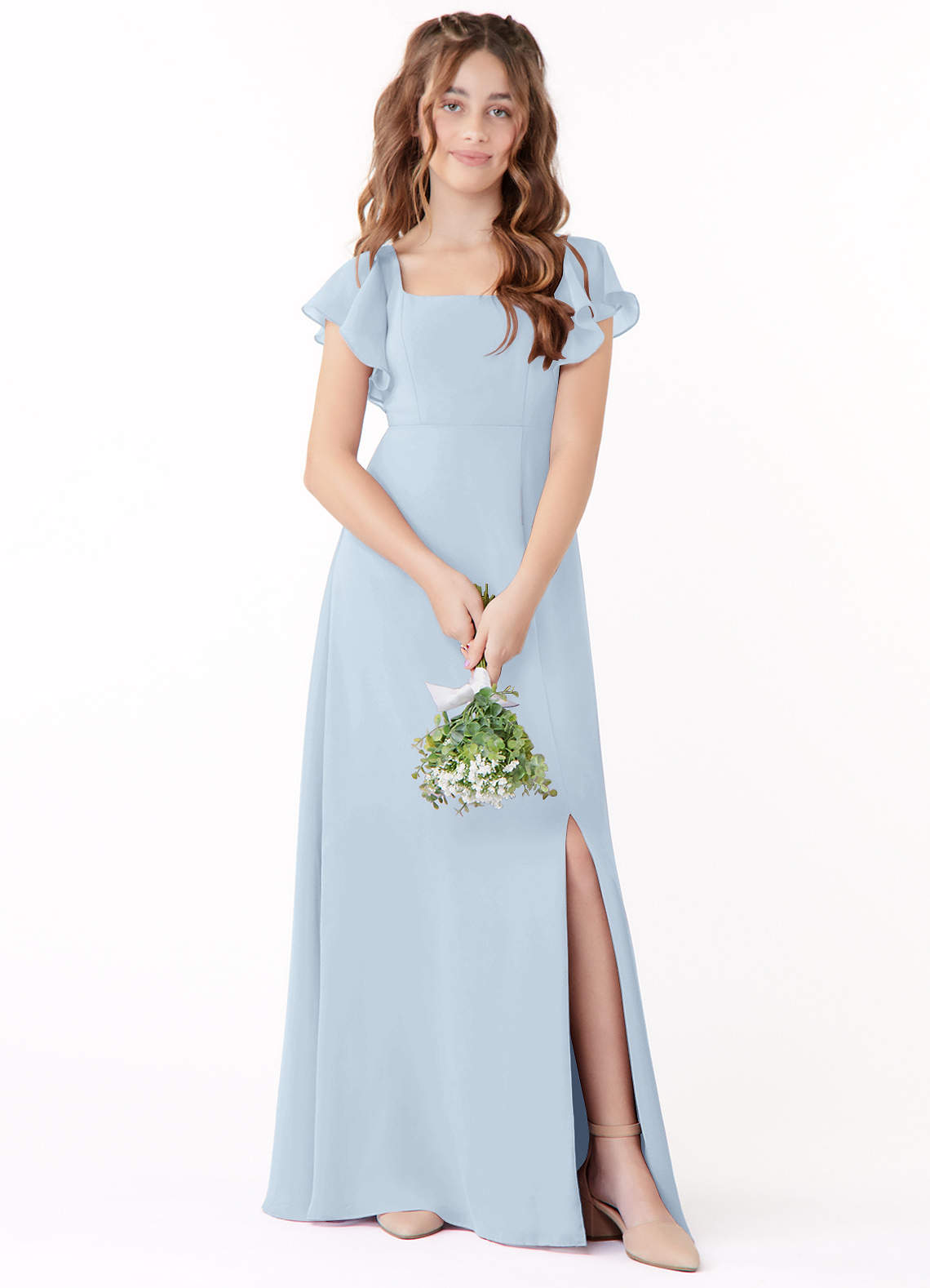 Elegant A-Line Bow Ruffle Junior Bridesmaid Dresses Blue