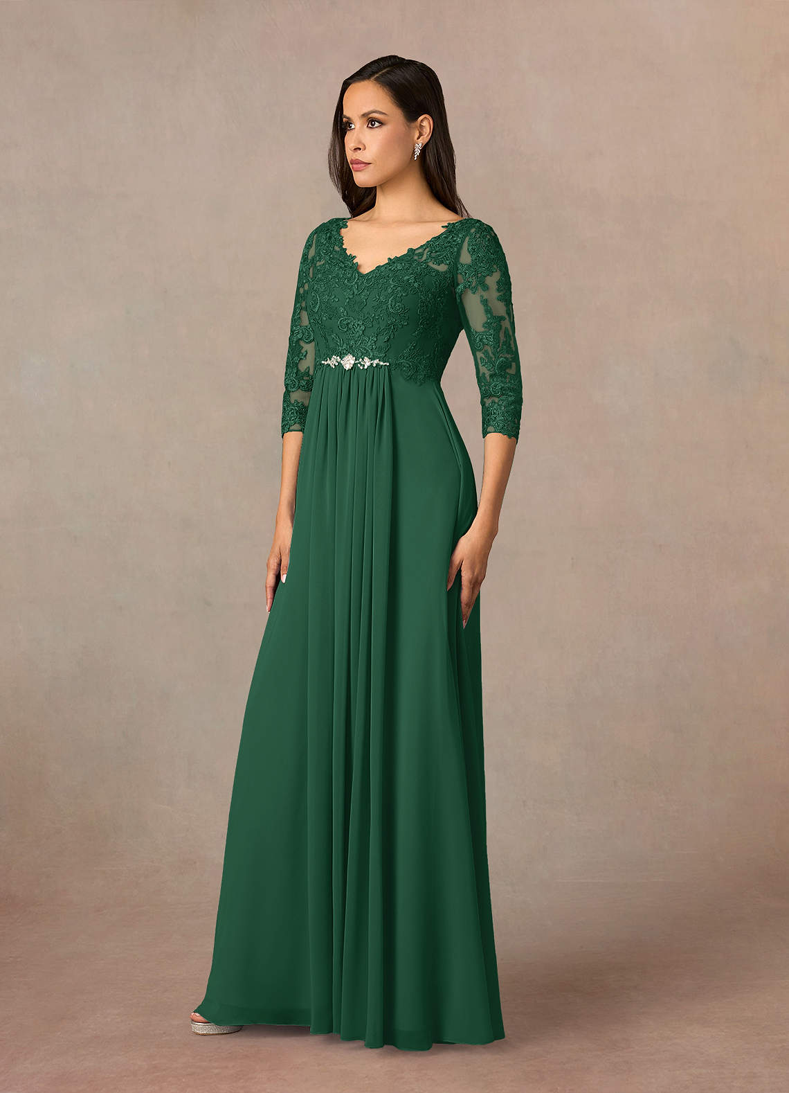 Azazie Hayek Mother of the Bride Dresses Dark Green A-Line V-Neck Lace Chiffon Dress image1