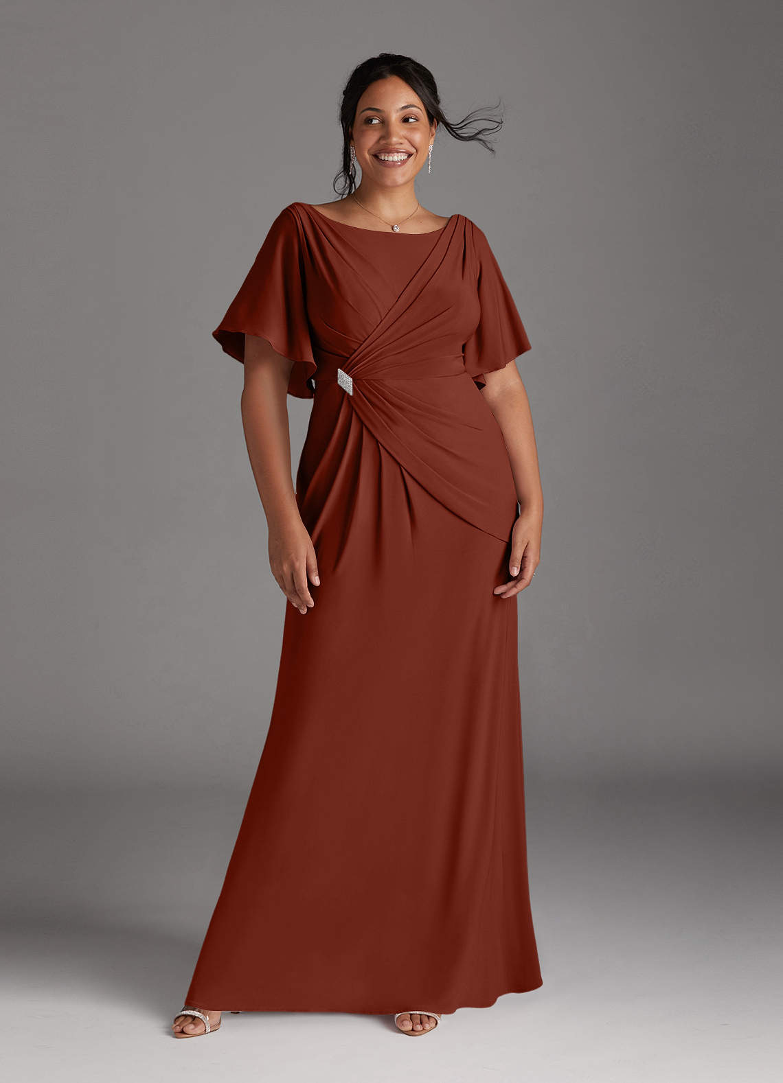 Azazie Louanne Mother of the Bride Dresses Terracotta Mermaid Boatneck Pleated Luxe Knit Dress image1