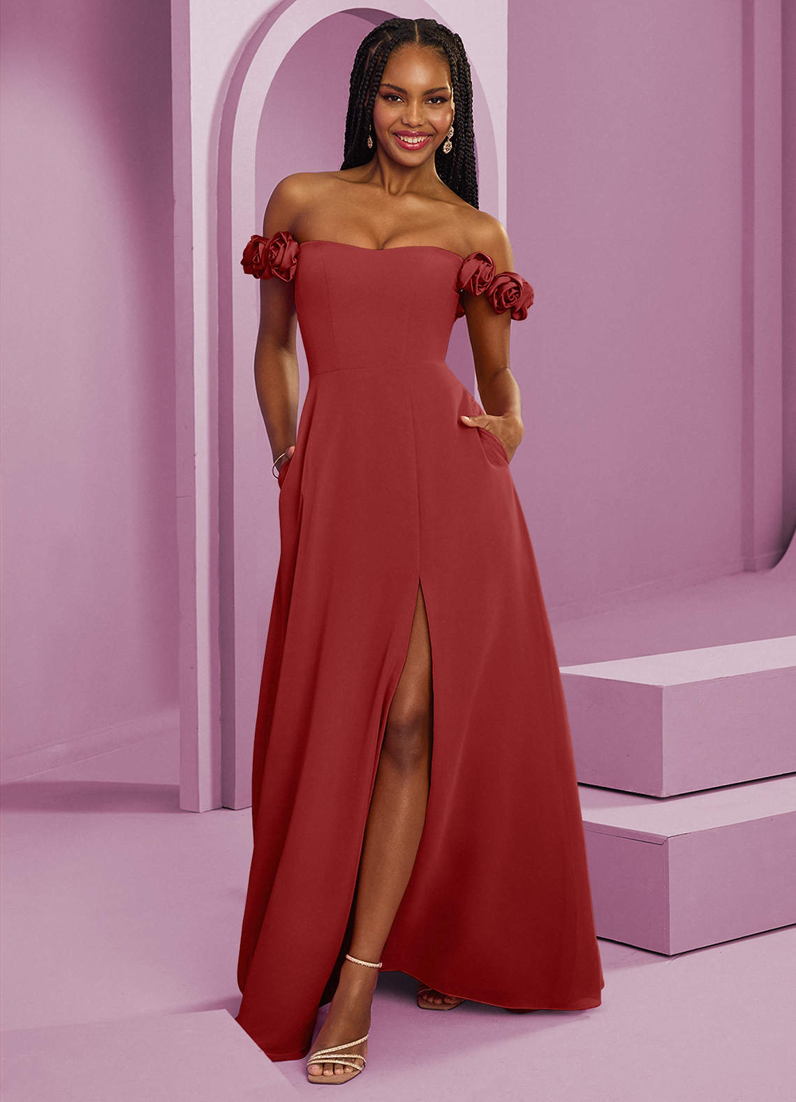 Barbie ♥ Azazie Robes de demoiselle d'honneur Robe Trapèze Convertible en Mousseline de soie Épaule décolletée Rouille image1