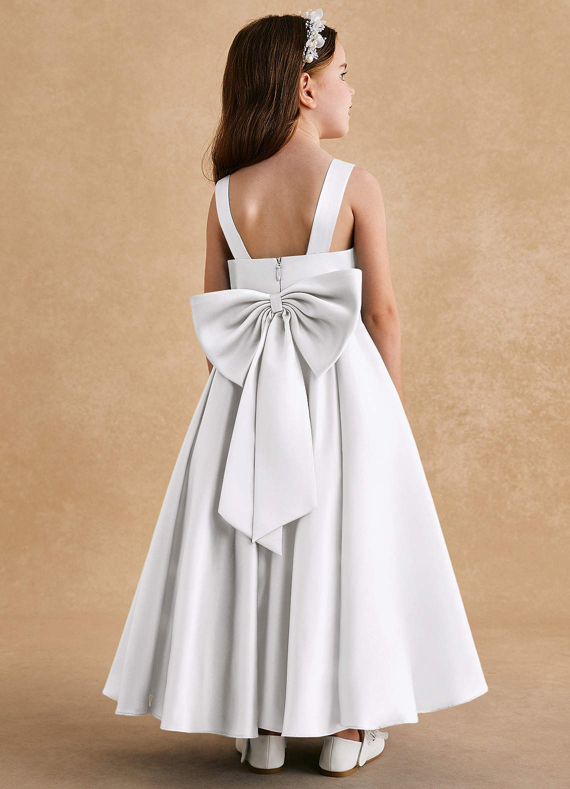Azazie Honey Bear Flower Girl Dresses White A-Line Pleated Matte Satin Dress image1