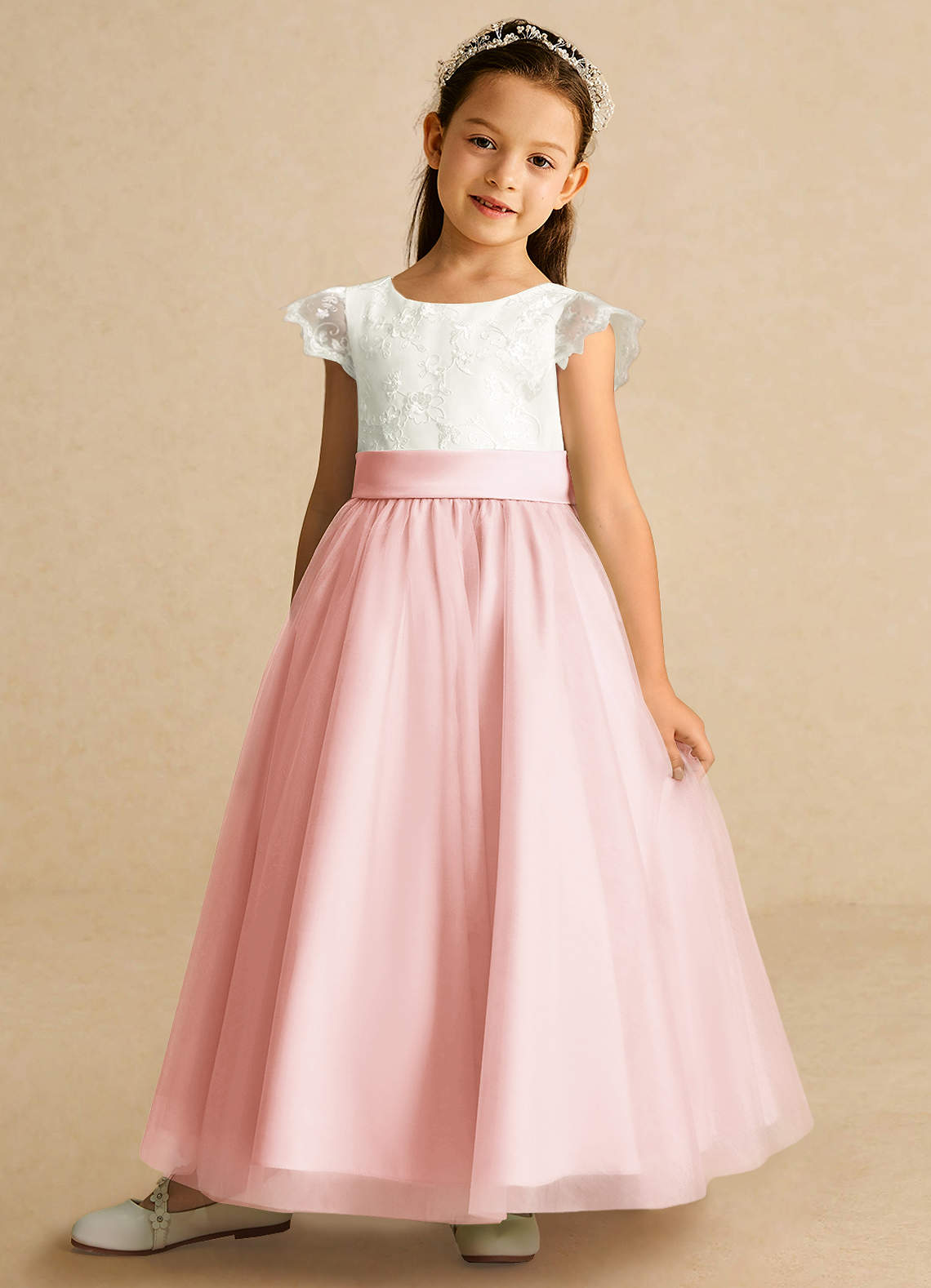 Azazie Pookie Flower Girl Dresses Blushing Pink A-Line Lace Tulle Dress image1