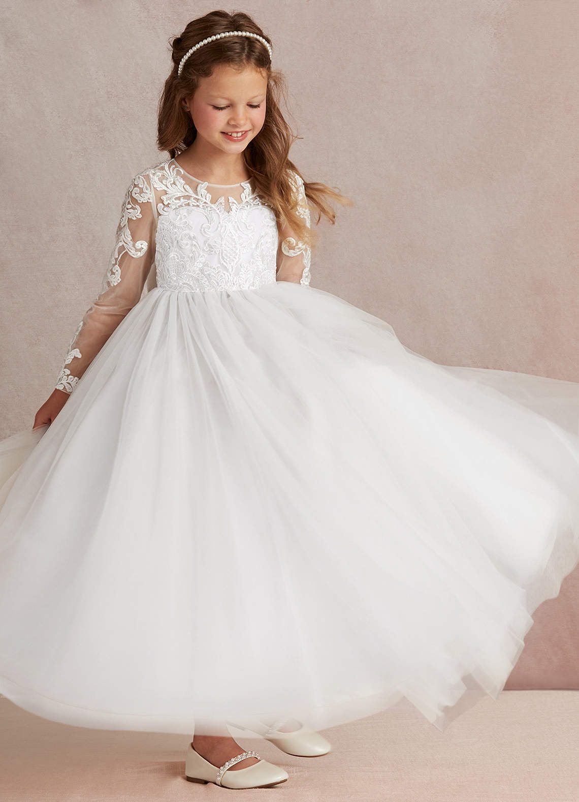 Azazie Elodie Flower Girl Dresses Ivory White Ball-Gown Lace Dress image1
