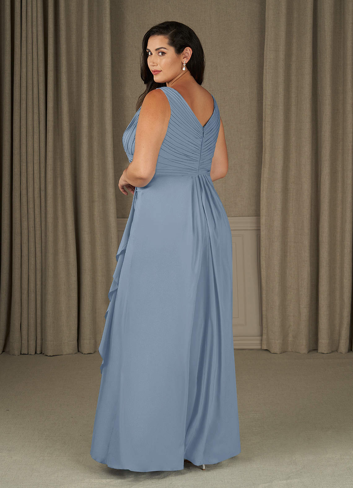A-Line V-Neck Chiffon Floor-Length Dress Dusty Blue Plus Size