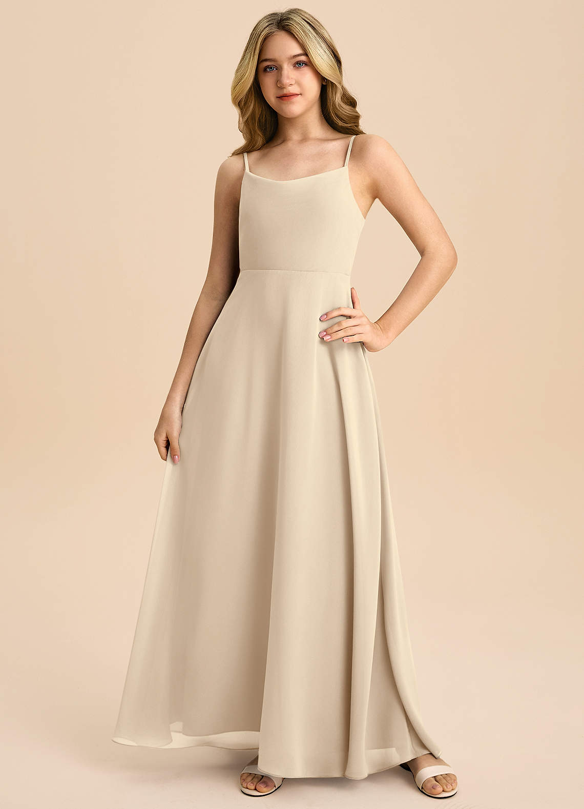 Azazie Shale Junior Champagne A-Line Bow Chiffon Dress image2