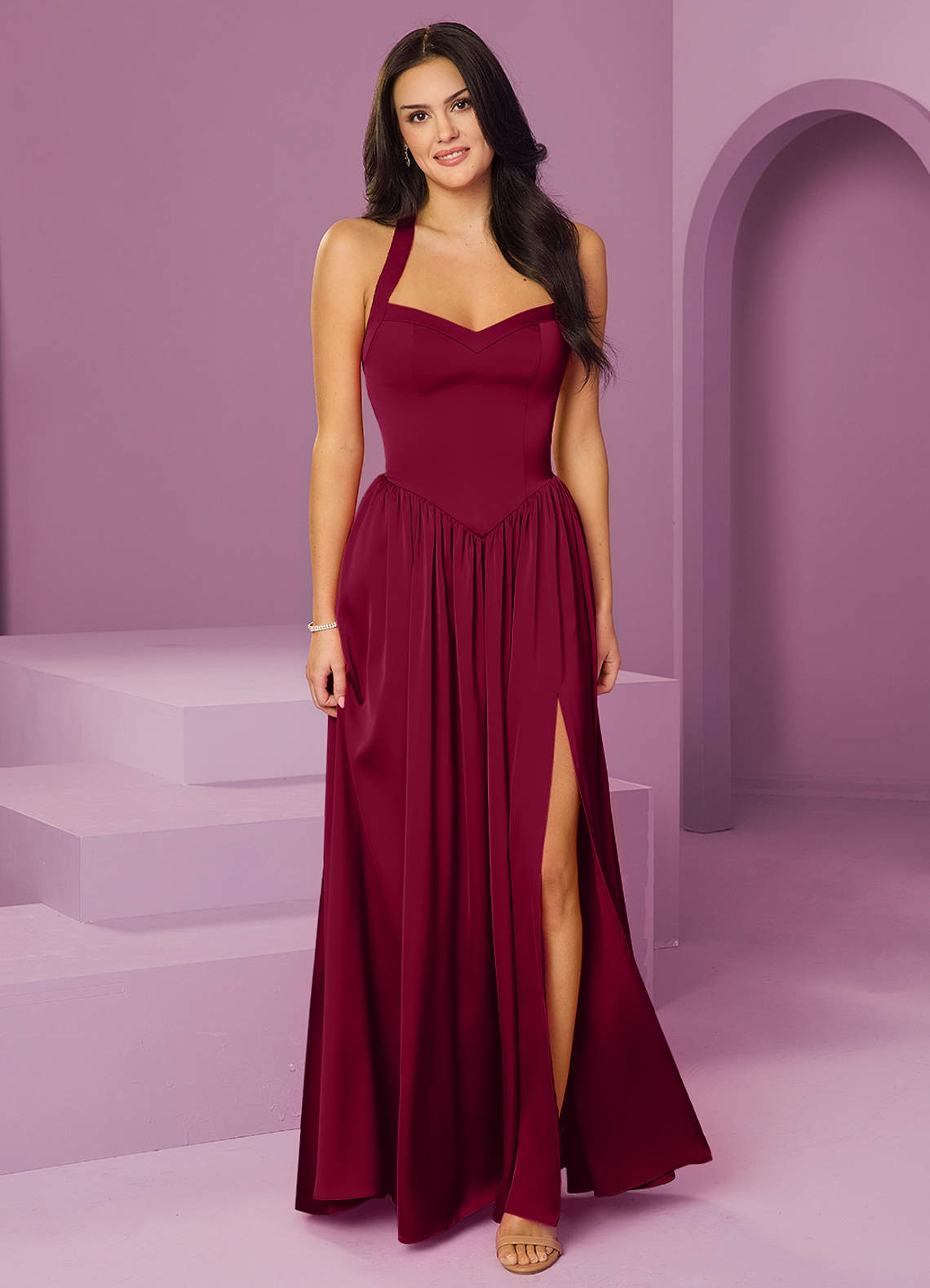 Barbie ♥ Azazie Bridesmaid Dresses Burgundy A-Line with Pockets Stretch Satin Dress image1