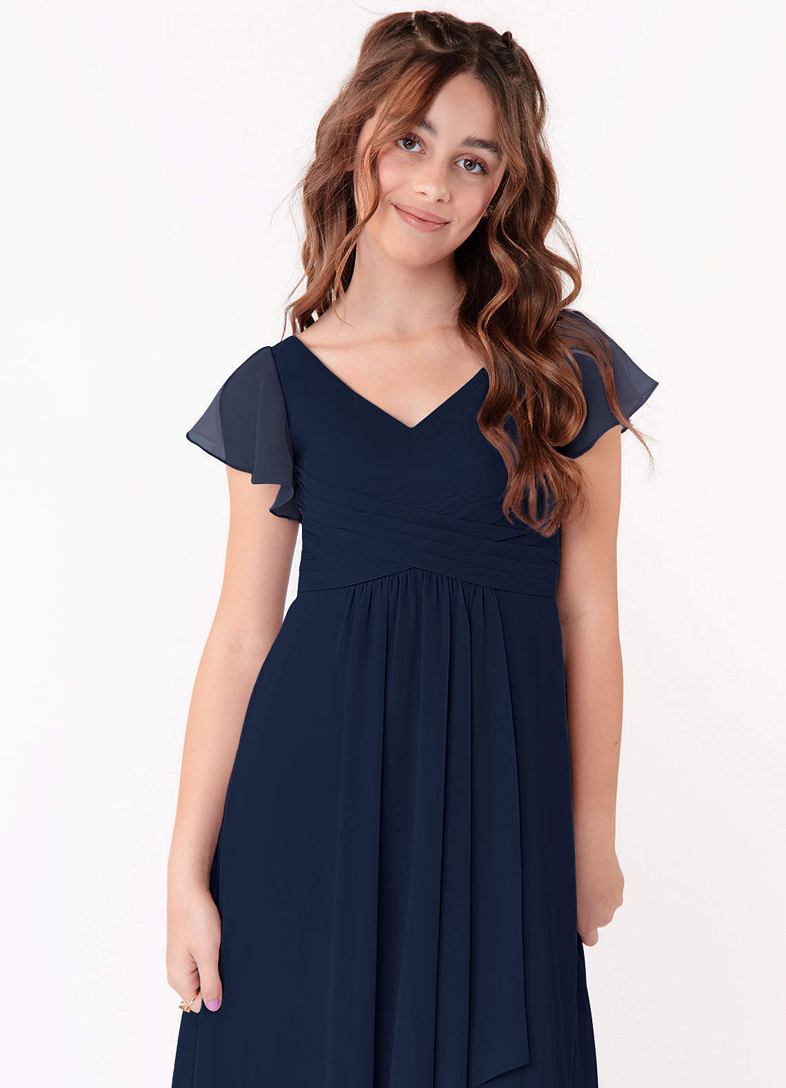 Azazie Omari Junior Dark Navy A-Line Ruched Chiffon Dress image3