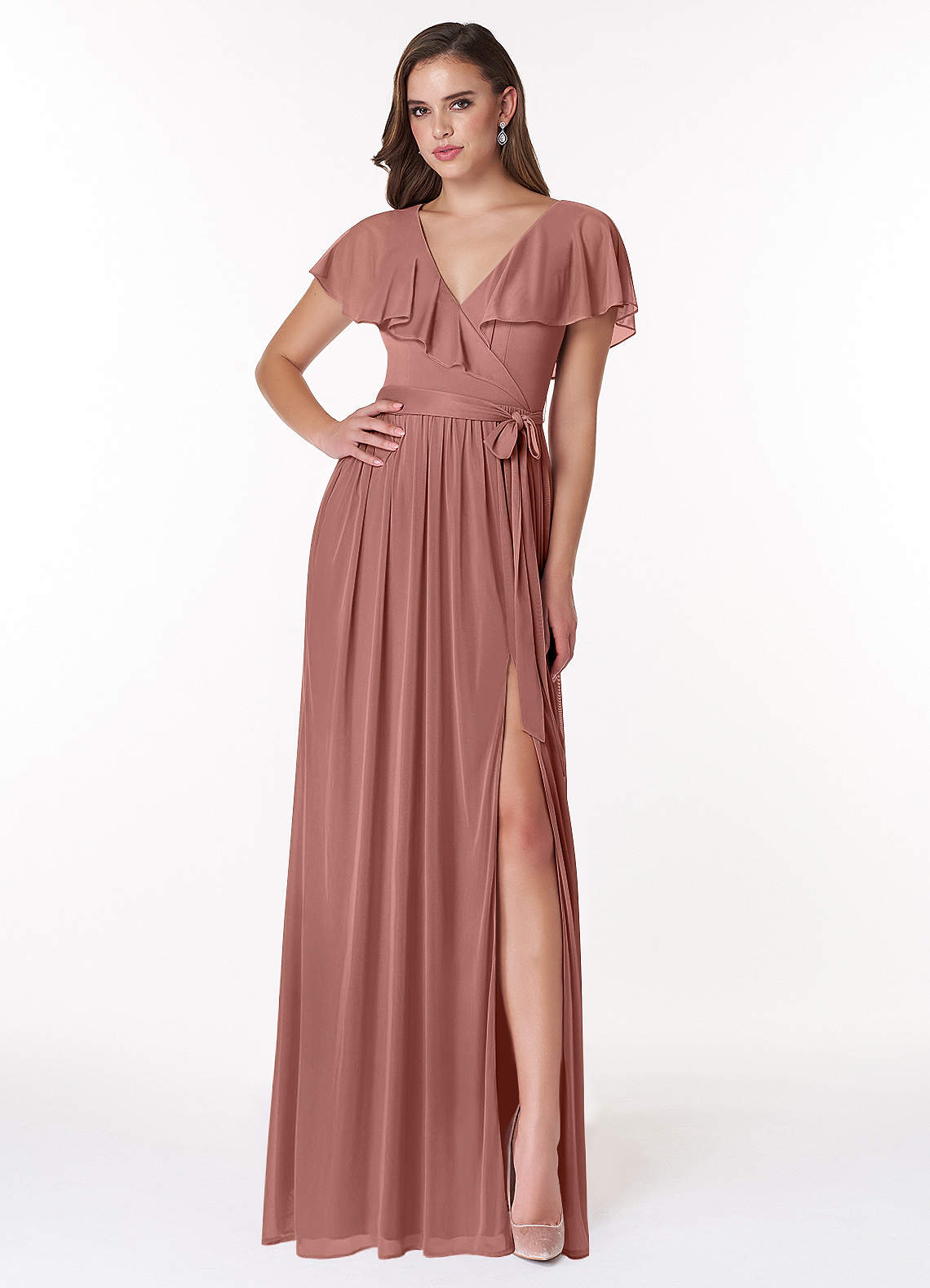 Azazie Jael Bridesmaid Dresses Cedar Rose A-Line V-Neck Mesh Dress image1