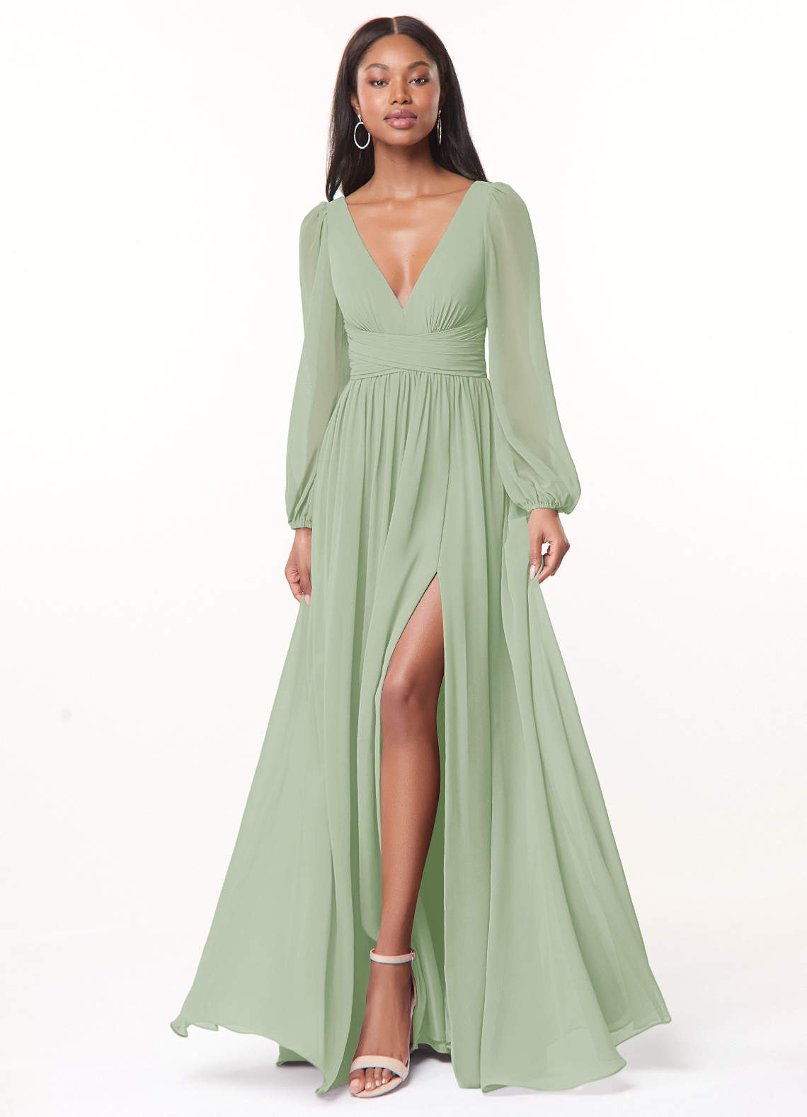 Azazie Norah Bridesmaid Dresses Dusty Sage A-Line V-Neck Long Sleeve Chiffon Dress image1