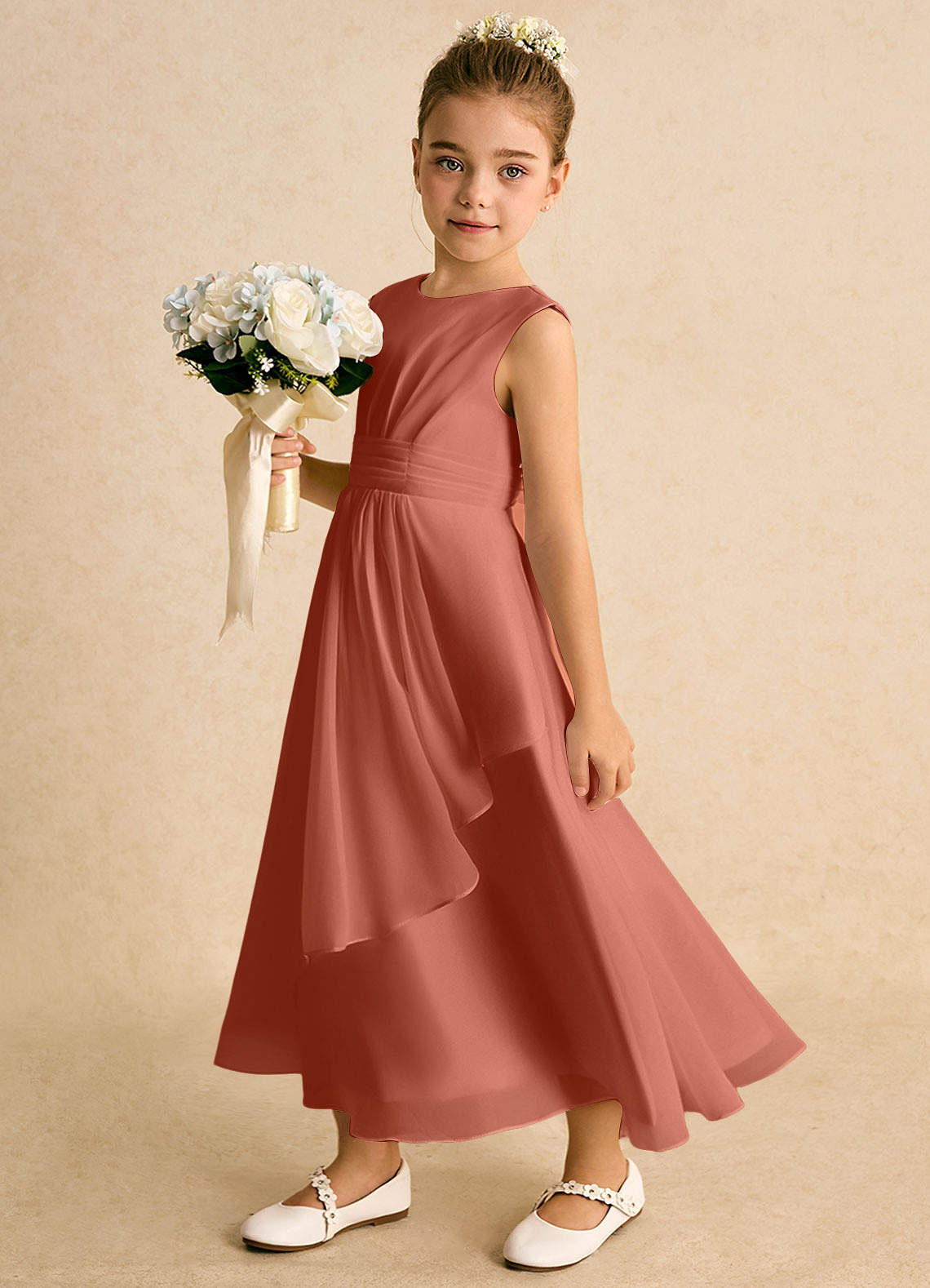 Azazie Edelweiss Flower Girl Dresses Clay A-Line Pleated Chiffon Dress image1