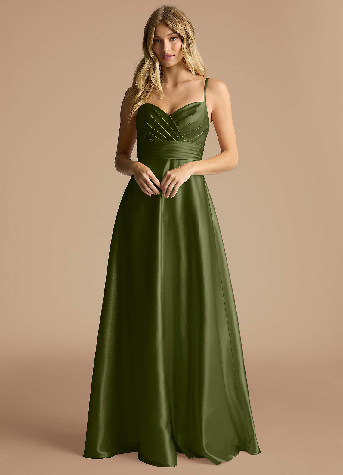 Azazie Oliana Bridesmaid Dresses Olive A-Line Pleated Metallic Satin Dress image1