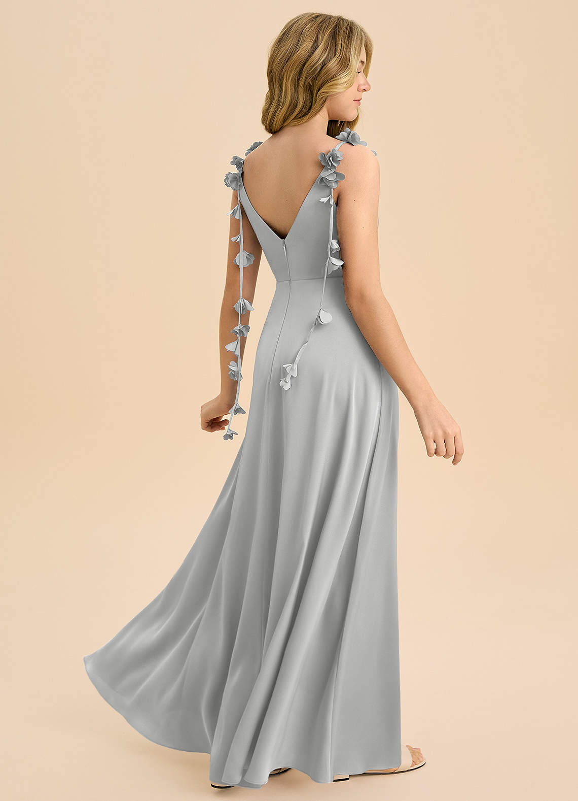 Azazie Empire Cowl Neck Floor-Length Stretch Satin Junior Bridesmaid Dresses - Silver Azazie Empire Cowl Neck Floor-Length Stretch Satin Junior Bridesmaid Dresses - Silver