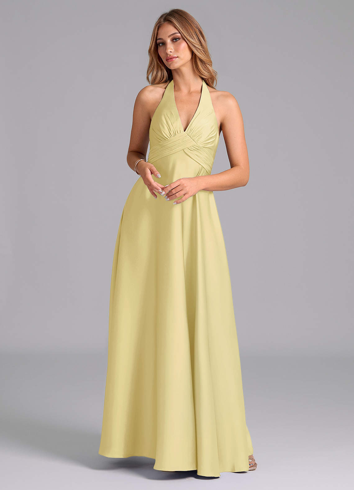 Azazie Tessie Vestidos de damas de honor Vestido de Sorbete De Limón de Satén Elástico de Corte en A con Plisado image1