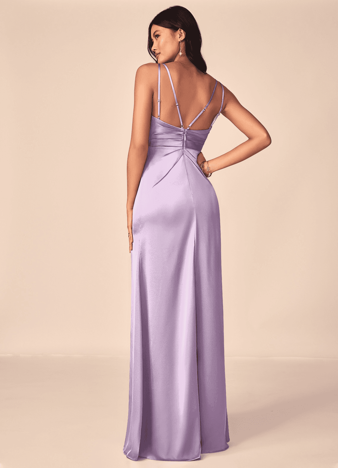 Azazie A-Line V-Neck Floor-Length Stretch Satin Bridesmaid Dresses - Frosted Lilac