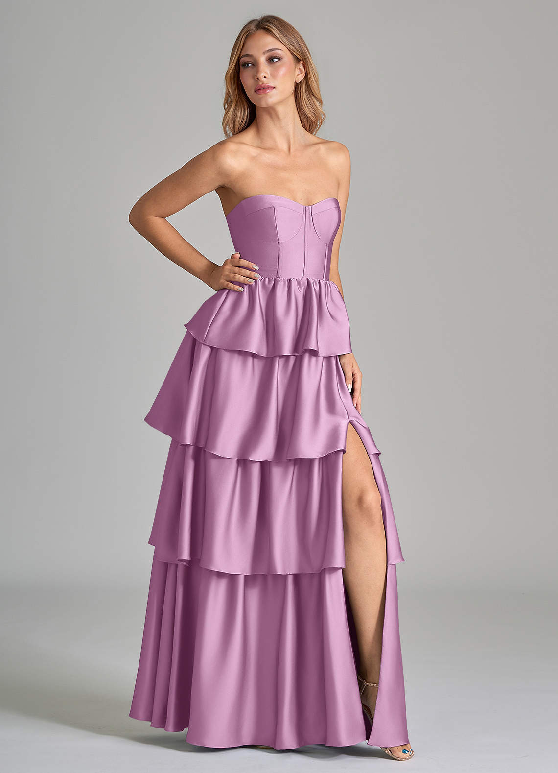 Azazie Faye Bridesmaid Dresses Wisteria A-Line Ruched Stretch Satin Dress image1