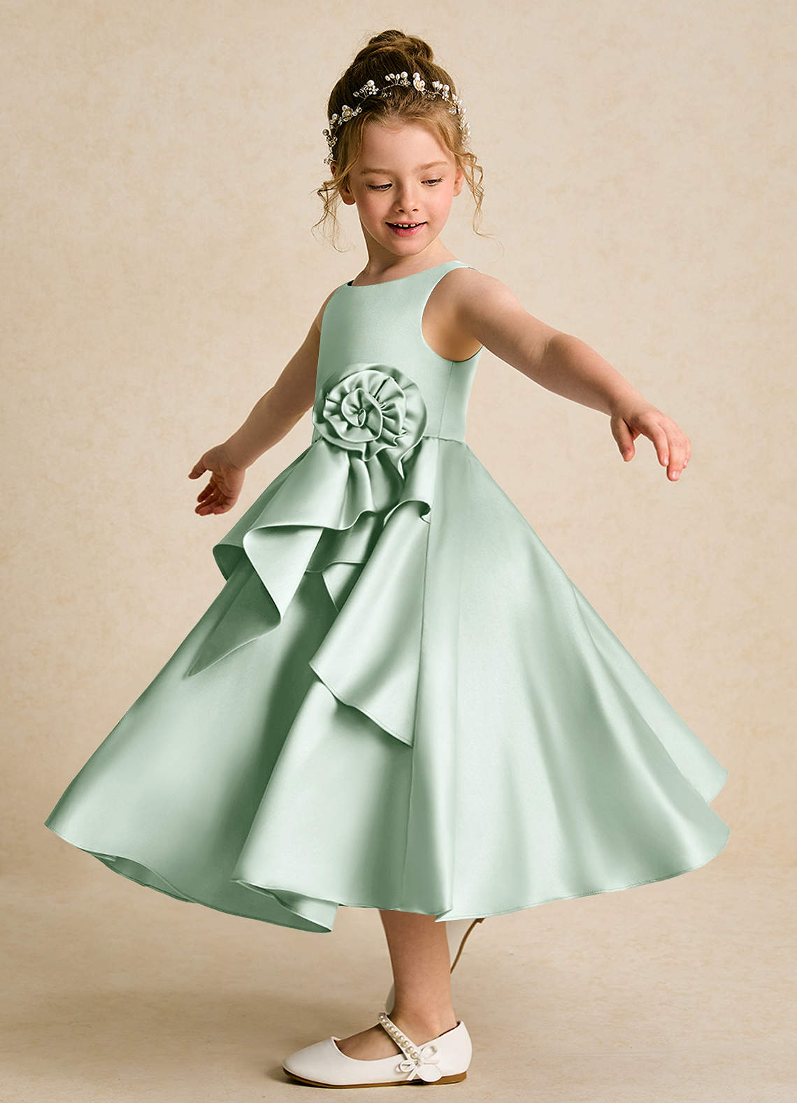 Azazie Hermia Flower Girl Dresses Agave A-Line Sleeveless Matte Satin Dress image2