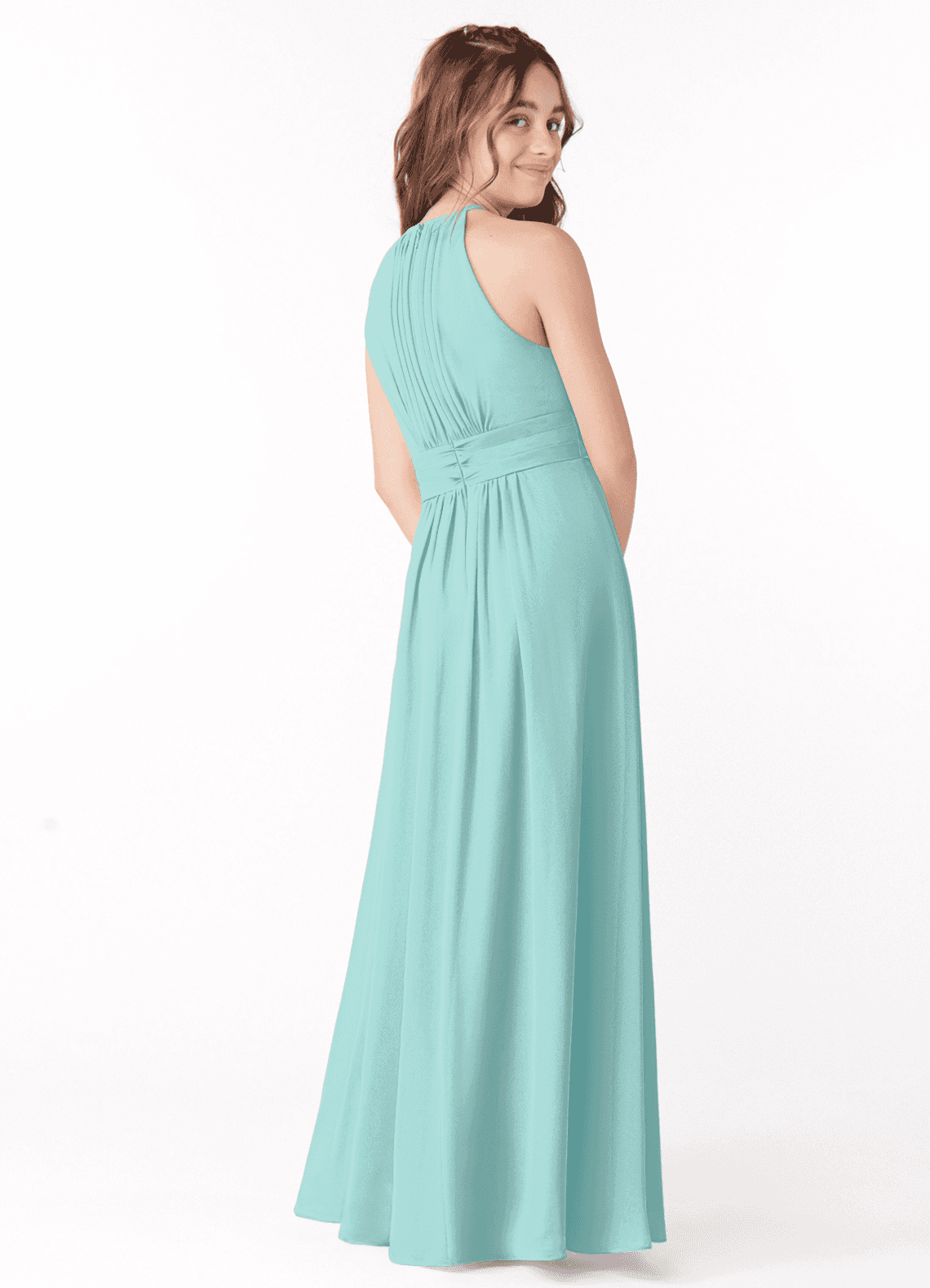 aqua pleated chiffon dress Azazie Evie Junior Ready to Ship Bridesmaid Dress in Aqua