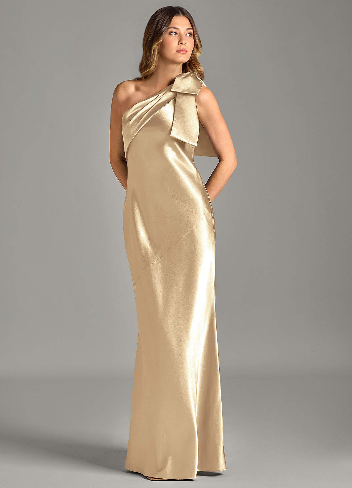 metallic champagne bridesmaid dresses Azazie A-Line V-Neck Floor-Length Metallic Satin Bridesmaid Dresses