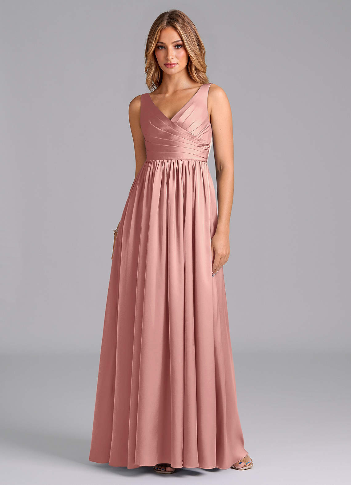 Azazie Keyla Bridesmaid Dresses Rosette A-Line Pleated Stretch Satin Dress image1