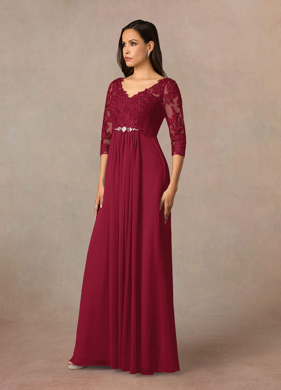 V-neck Lace A-Line Chiffon Asymmetrical Dress Burgundy