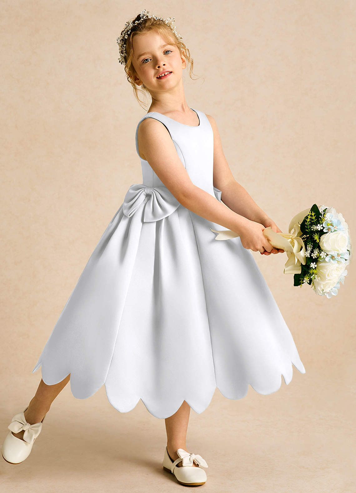 Azazie Macaroon Flower Girl Dresses White Ball-Gown Bow Matte Satin Dress image1