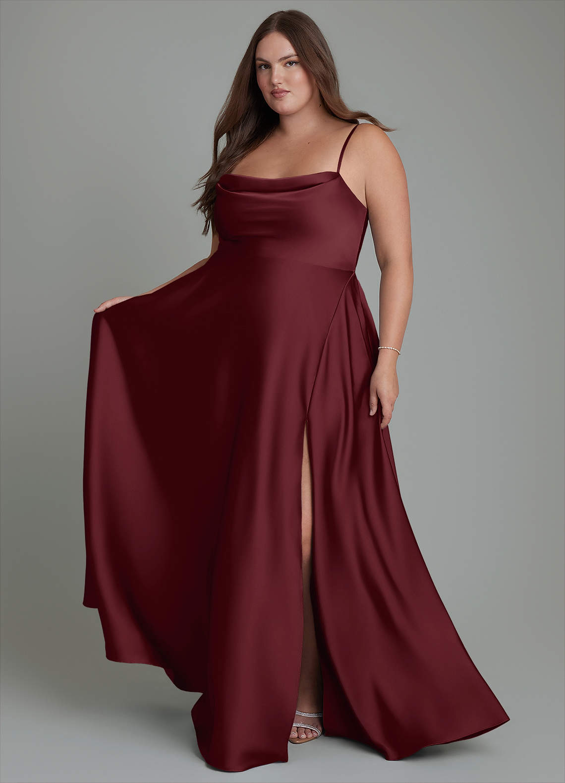 Azazie Elle Bridesmaid Dresses Cabernet A-Line Pleated Stretch Satin Dress image1