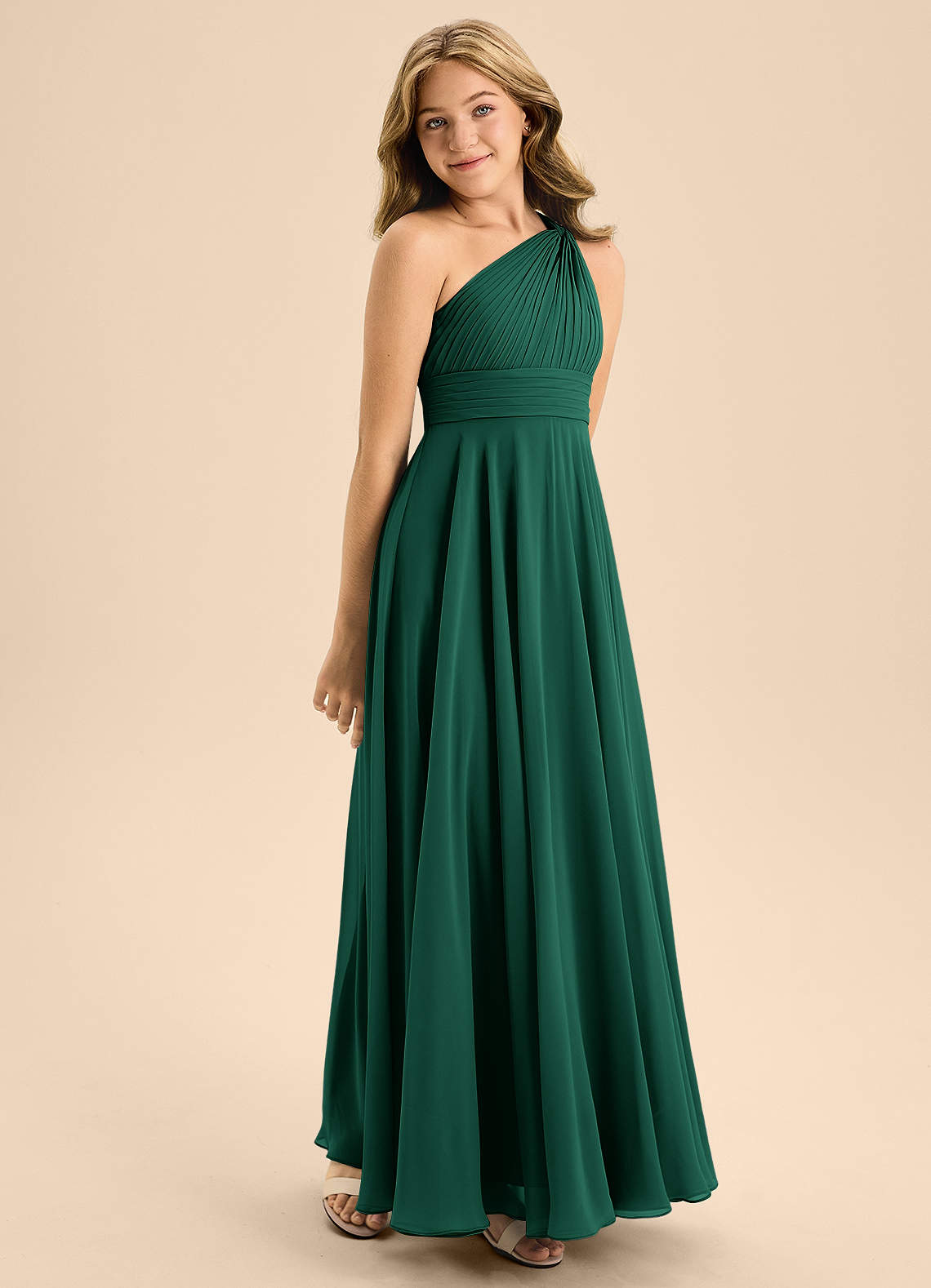 Azazie Charlize Junior Emerald A-Line Pleated Chiffon Dress image4